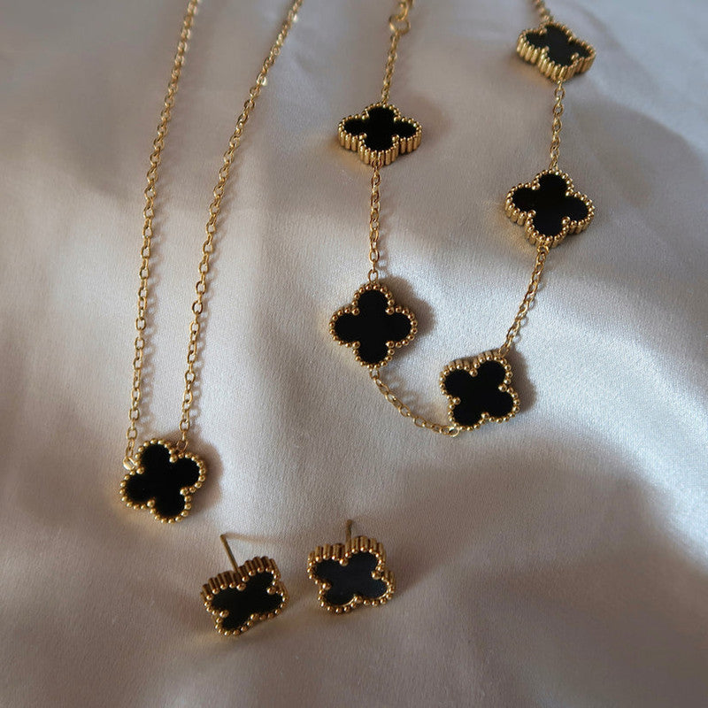 Jewels Galaxy Stainless Steel Gold Plated Set Of Black Anti Tarnish Clover Jewellery Set