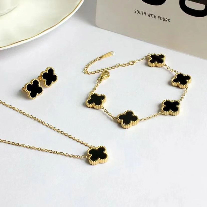 Jewels Galaxy Stainless Steel Gold Plated Set Of Black Anti Tarnish Clover Jewellery Set