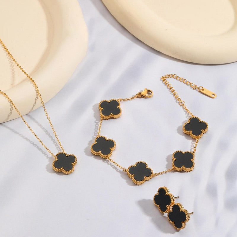 Jewels Galaxy Stainless Steel Gold Plated Set Of Black Anti Tarnish Clover Jewellery Set
