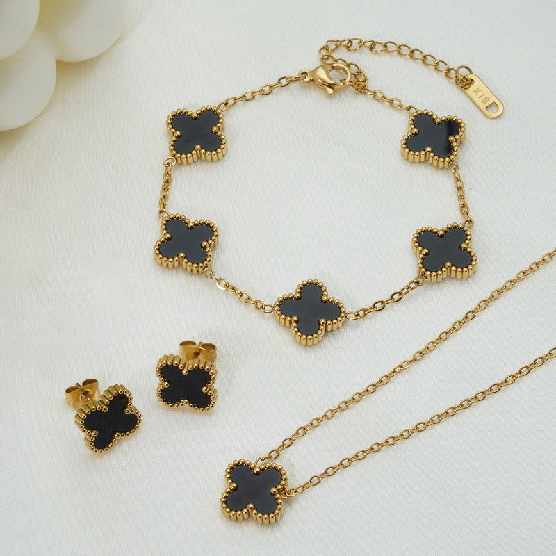 Jewels Galaxy Stainless Steel Gold Plated Set Of Black Anti Tarnish Clover Jewellery Set