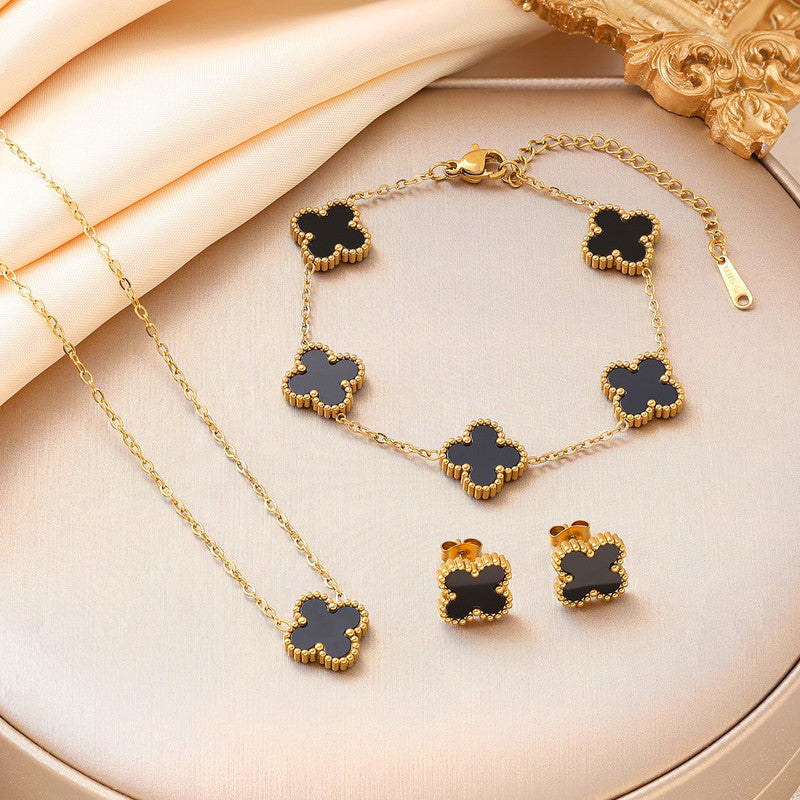 Jewels Galaxy Stainless Steel Gold Plated Set Of Black Anti Tarnish Clover Jewellery Set