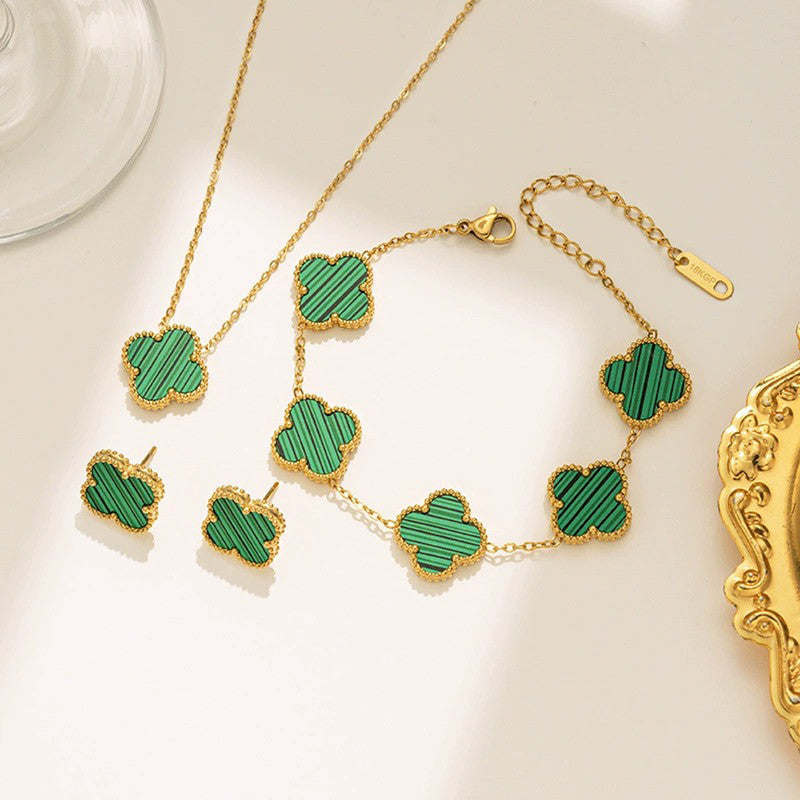 Jewels Galaxy Stainless Steel Gold Plated Set Of Green Anti Tarnish Clover Jewellery Set