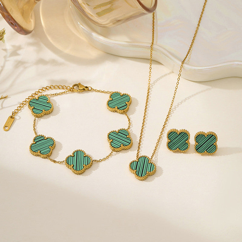 Jewels Galaxy Stainless Steel Gold Plated Set Of Green Anti Tarnish Clover Jewellery Set