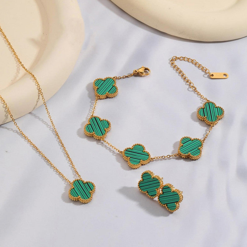 Jewels Galaxy Stainless Steel Gold Plated Set Of Green Anti Tarnish Clover Jewellery Set