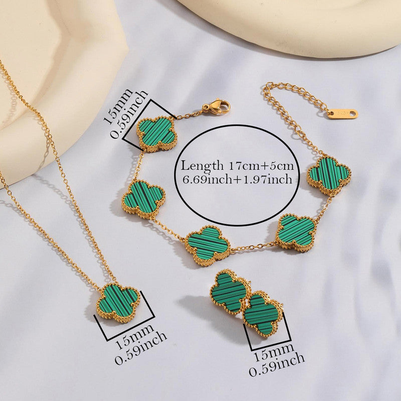 Jewels Galaxy Stainless Steel Gold Plated Set Of Green Anti Tarnish Clover Jewellery Set