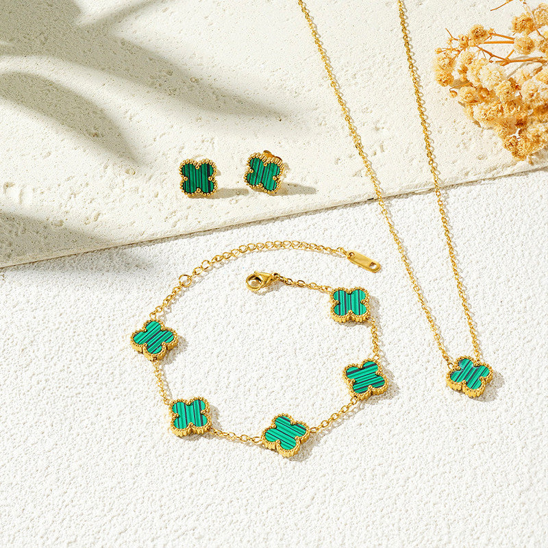 Jewels Galaxy Stainless Steel Gold Plated Set Of Green Anti Tarnish Clover Jewellery Set