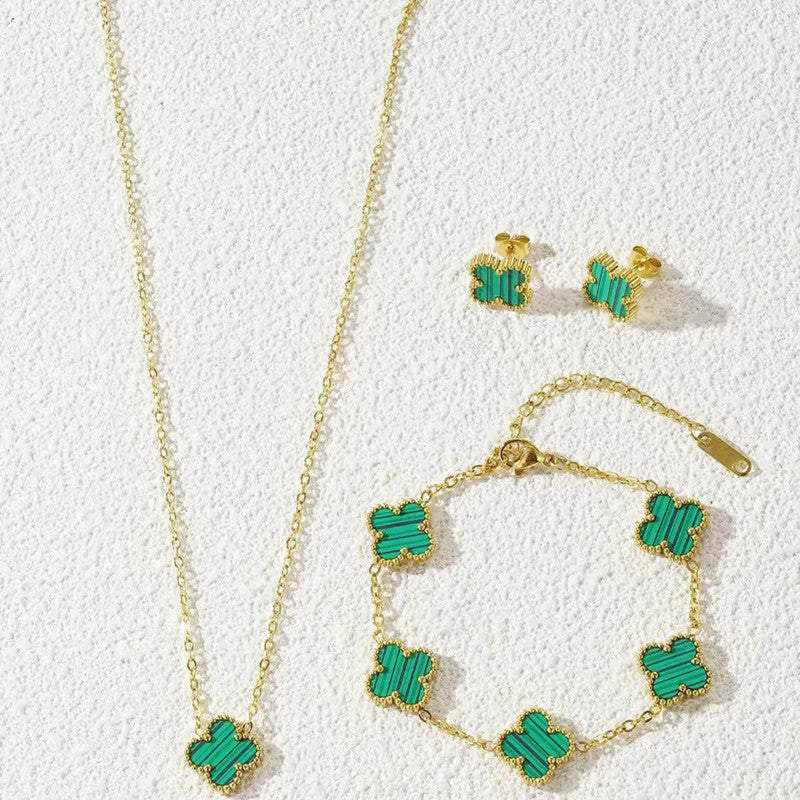 Jewels Galaxy Stainless Steel Gold Plated Set Of Green Anti Tarnish Clover Jewellery Set