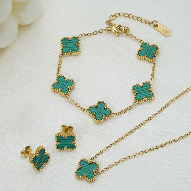 Jewels Galaxy Stainless Steel Gold Plated Set Of Green Anti Tarnish Clover Jewellery Set