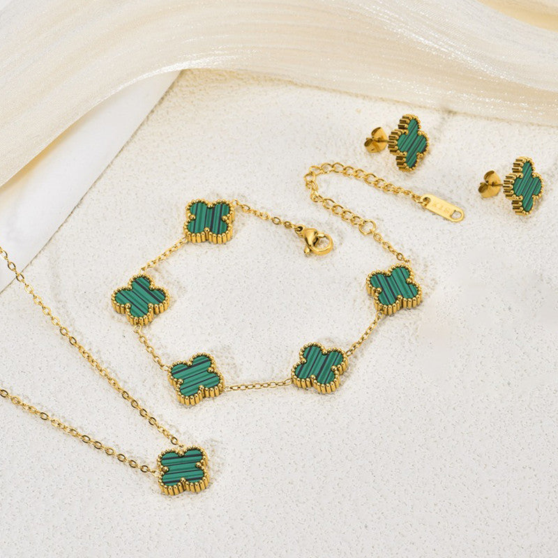Jewels Galaxy Stainless Steel Gold Plated Set Of Green Anti Tarnish Clover Jewellery Set