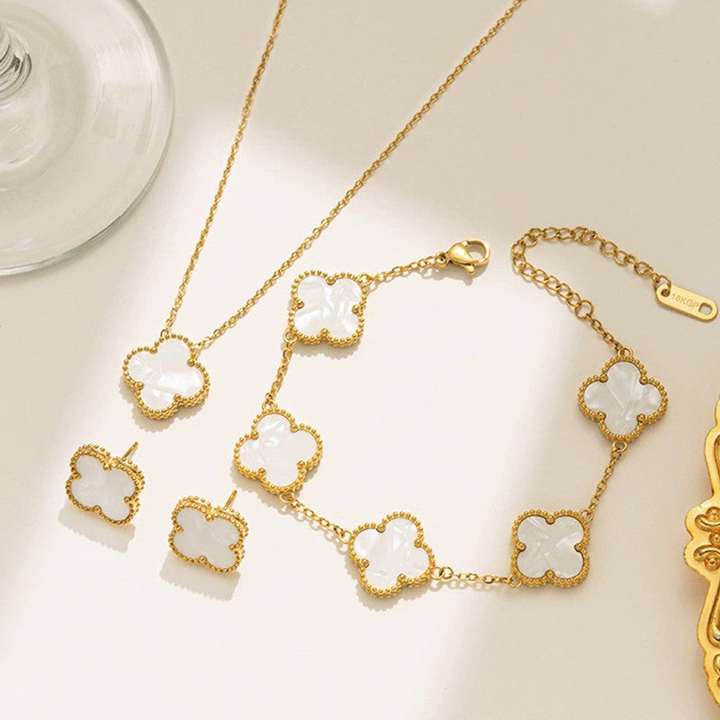 Jewels Galaxy Stainless Steel Gold Plated Set Of White Anti Tarnish Clover Jewellery Set