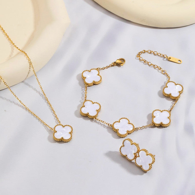 Jewels Galaxy Stainless Steel Gold Plated Set Of White Anti Tarnish Clover Jewellery Set
