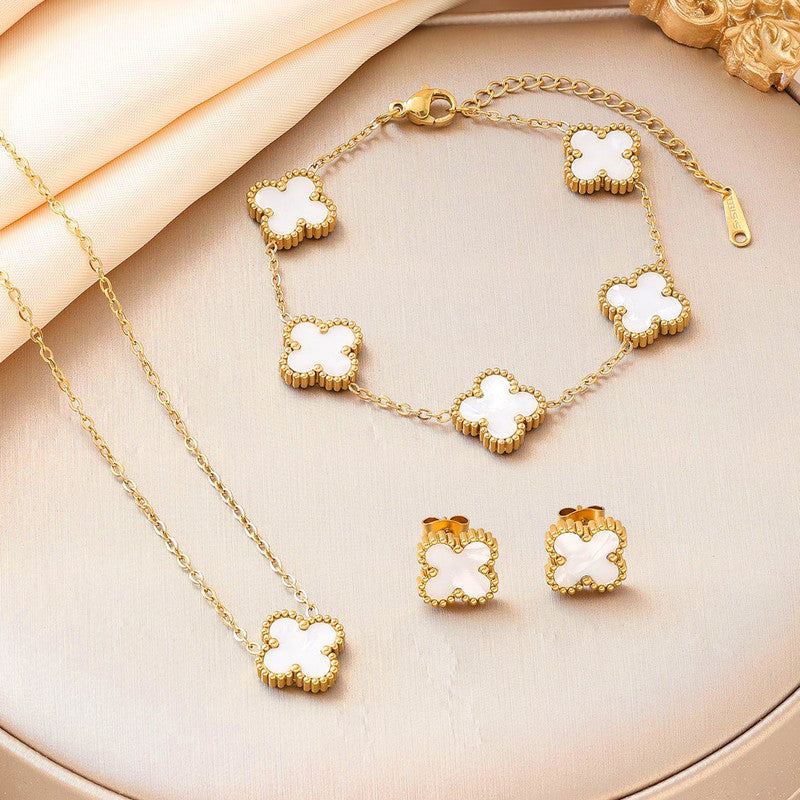 Jewels Galaxy Stainless Steel Gold Plated Set Of White Anti Tarnish Clover Jewellery Set