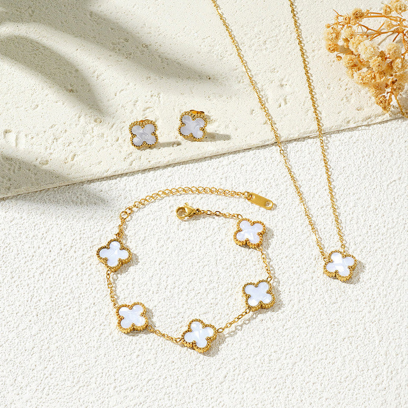 Jewels Galaxy Stainless Steel Gold Plated Set Of White Anti Tarnish Clover Jewellery Set
