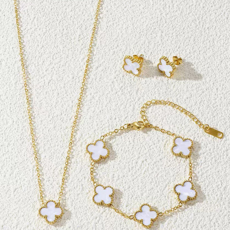 Jewels Galaxy Stainless Steel Gold Plated Set Of White Anti Tarnish Clover Jewellery Set
