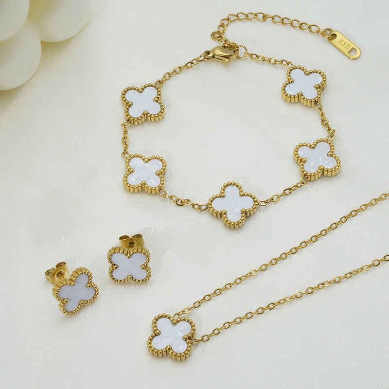 Jewels Galaxy Stainless Steel Gold Plated Set Of White Anti Tarnish Clover Jewellery Set