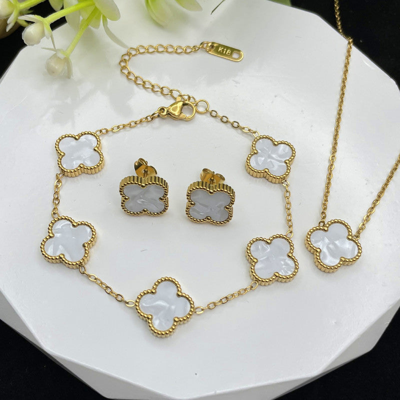Jewels Galaxy Stainless Steel Gold Plated Set Of White Anti Tarnish Clover Jewellery Set