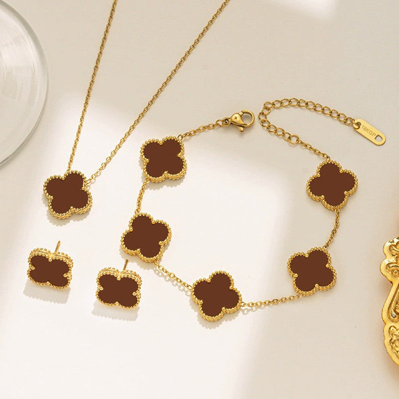 Jewels Galaxy Stainless Steel Gold Plated Set Of Brown Anti Tarnish Clover Jewellery Set