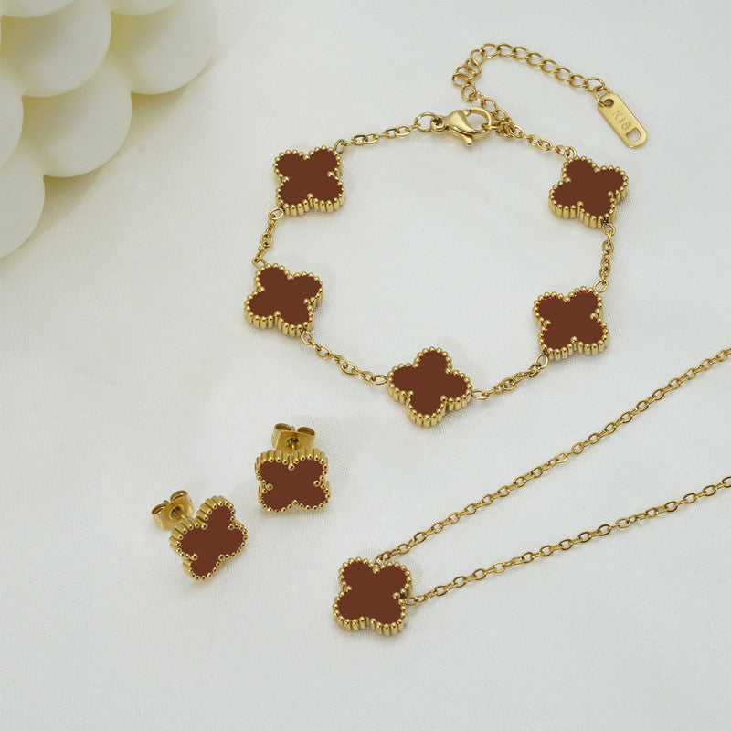 Jewels Galaxy Stainless Steel Gold Plated Set Of Brown Anti Tarnish Clover Jewellery Set