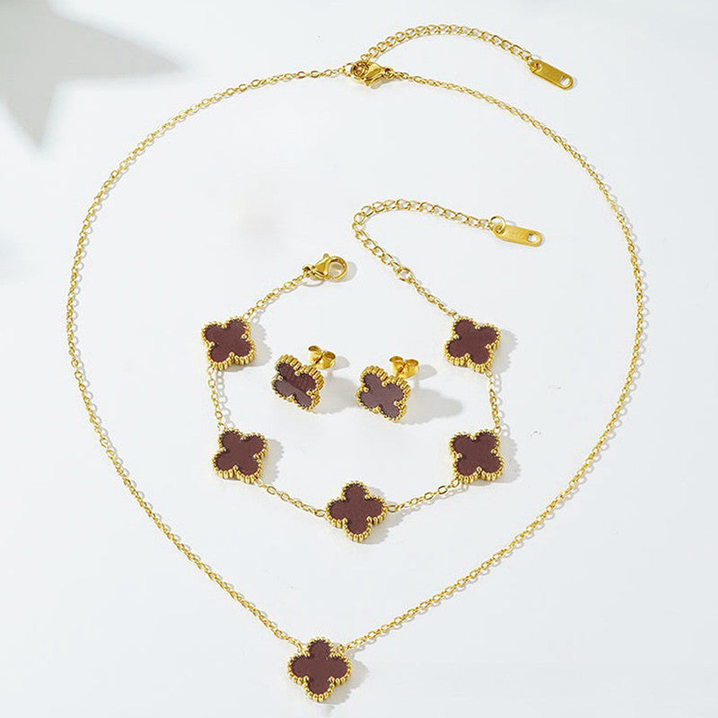 Jewels Galaxy Stainless Steel Gold Plated Set Of Brown Anti Tarnish Clover Jewellery Set