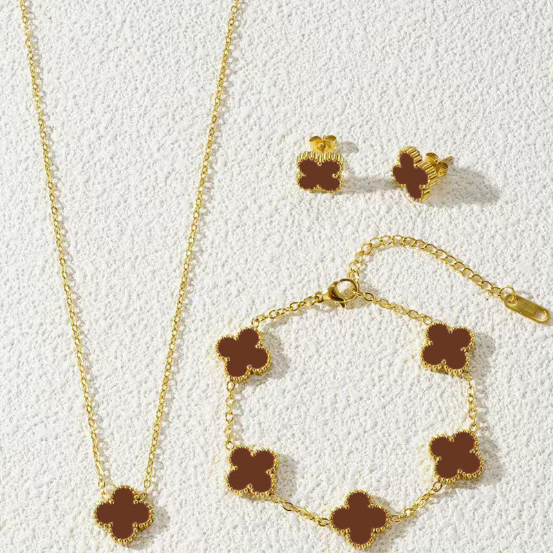 Jewels Galaxy Stainless Steel Gold Plated Set Of Brown Anti Tarnish Clover Jewellery Set