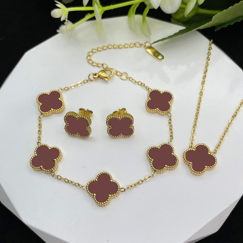 Jewels Galaxy Stainless Steel Gold Plated Set Of Brown Anti Tarnish Clover Jewellery Set