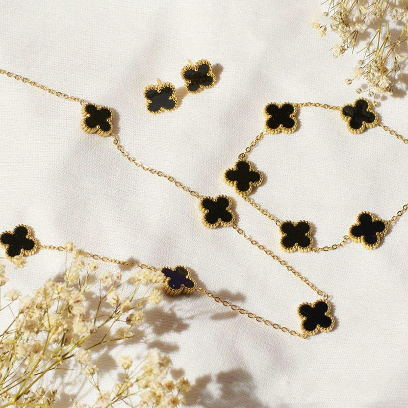 Jewels Galaxy Stainless Steel Gold Plated Set Of Black Anti Tarnish Clover Jewellery Set
