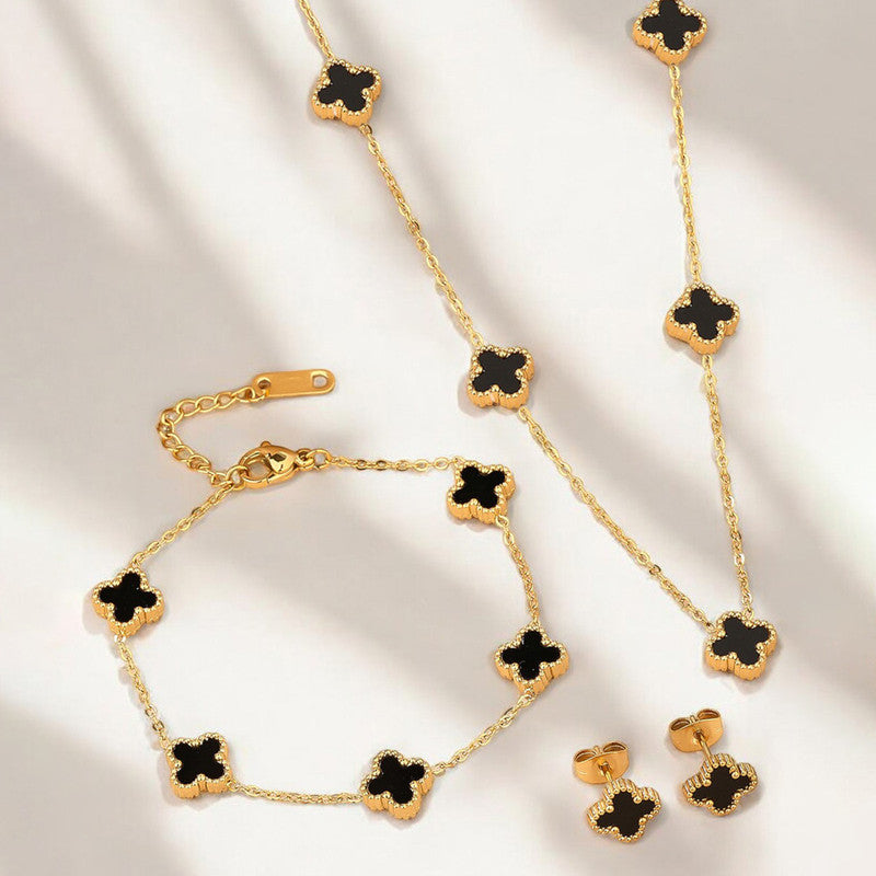 Jewels Galaxy Stainless Steel Gold Plated Set Of Black Anti Tarnish Clover Jewellery Set