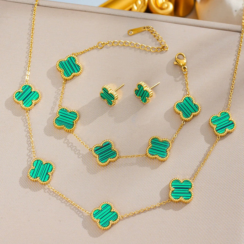 Jewels Galaxy Stainless Steel Gold Plated Set Of Green Anti Tarnish Clover Jewellery Set