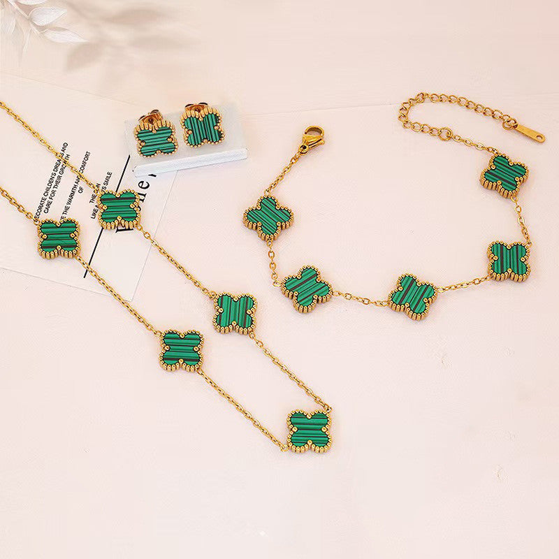Jewels Galaxy Stainless Steel Gold Plated Set Of Green Anti Tarnish Clover Jewellery Set