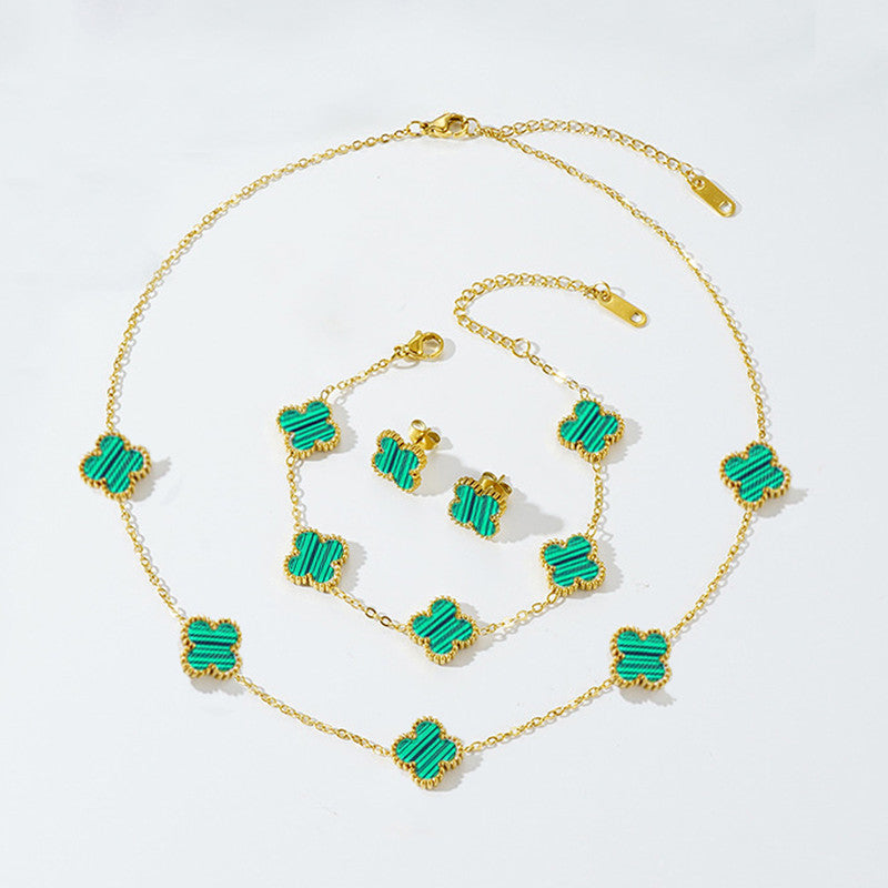 Jewels Galaxy Stainless Steel Gold Plated Set Of Green Anti Tarnish Clover Jewellery Set