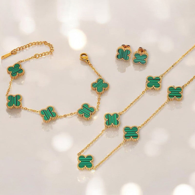Jewels Galaxy Stainless Steel Gold Plated Set Of Green Anti Tarnish Clover Jewellery Set