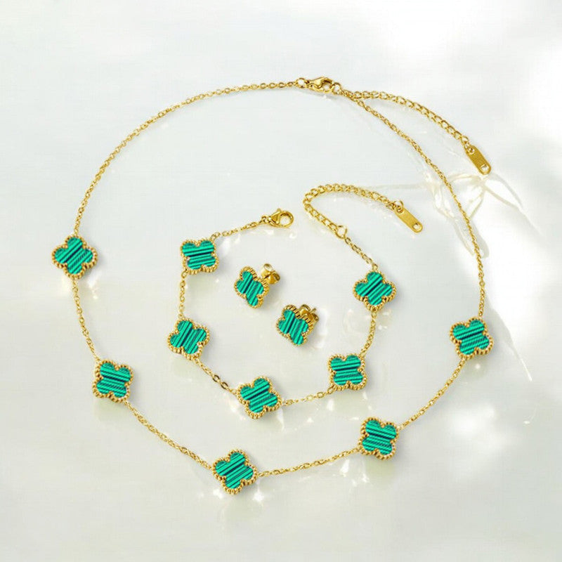 Jewels Galaxy Stainless Steel Gold Plated Set Of Green Anti Tarnish Clover Jewellery Set