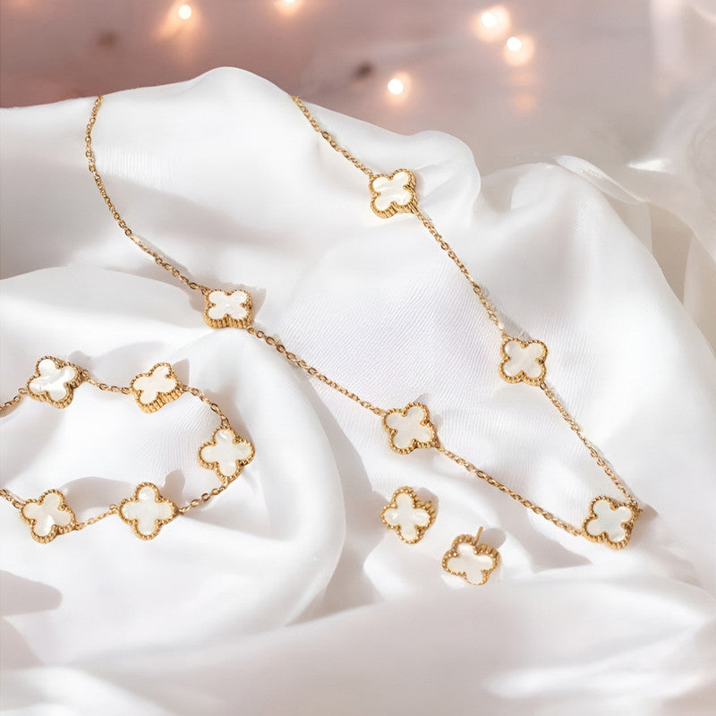 Jewels Galaxy Stainless Steel Gold Plated Set Of White Anti Tarnish Clover Jewellery Set