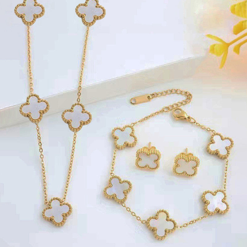 Jewels Galaxy Stainless Steel Gold Plated Set Of White Anti Tarnish Clover Jewellery Set