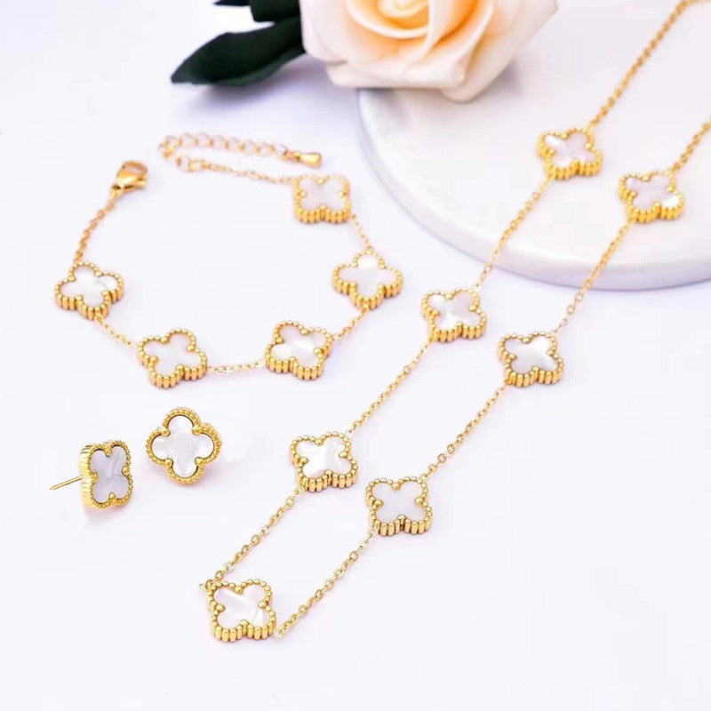 Jewels Galaxy Stainless Steel Gold Plated Set Of White Anti Tarnish Clover Jewellery Set