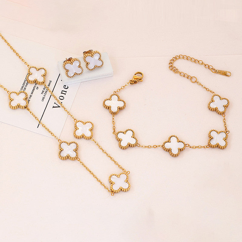 Jewels Galaxy Stainless Steel Gold Plated Set Of White Anti Tarnish Clover Jewellery Set