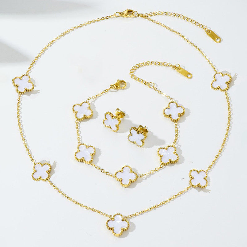 Jewels Galaxy Stainless Steel Gold Plated Set Of White Anti Tarnish Clover Jewellery Set