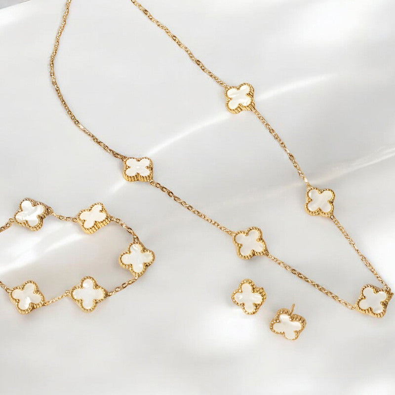 Jewels Galaxy Stainless Steel Gold Plated Set Of White Anti Tarnish Clover Jewellery Set
