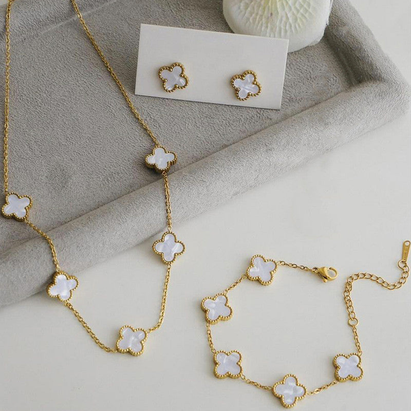 Jewels Galaxy Stainless Steel Gold Plated Set Of White Anti Tarnish Clover Jewellery Set