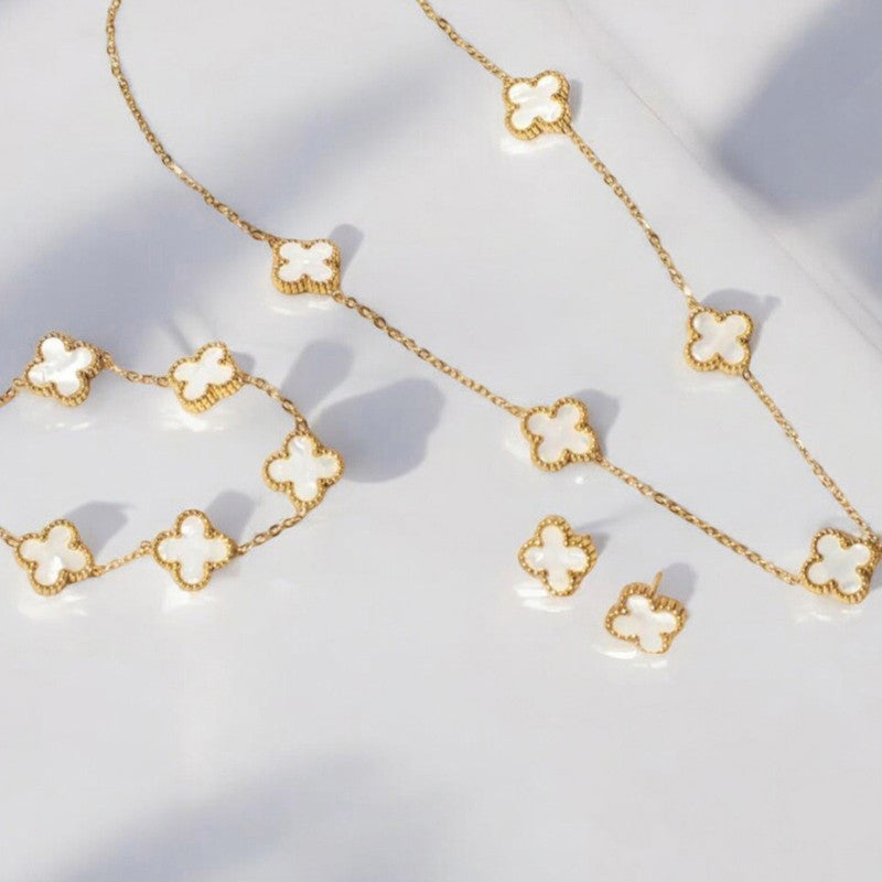 Jewels Galaxy Stainless Steel Gold Plated Set Of White Anti Tarnish Clover Jewellery Set