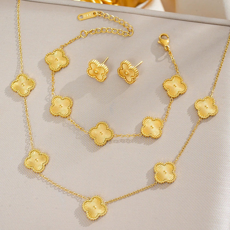 Jewels Galaxy Stainless Steel Gold Plated Set Of Gold Anti Tarnish Clover Jewellery Set