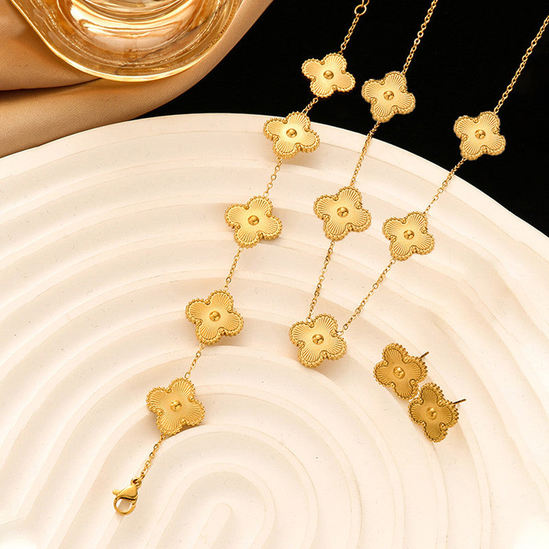 Jewels Galaxy Stainless Steel Gold Plated Set Of Gold Anti Tarnish Clover Jewellery Set