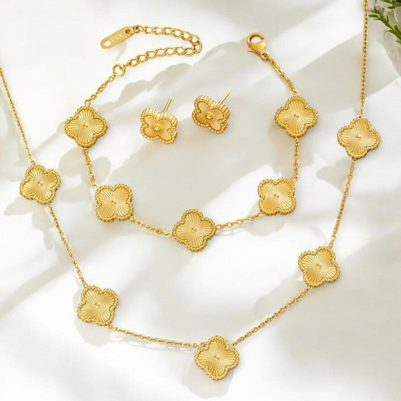 Jewels Galaxy Stainless Steel Gold Plated Set Of Gold Anti Tarnish Clover Jewellery Set