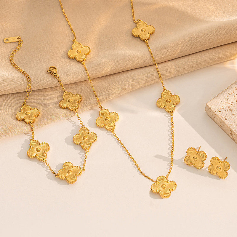 Jewels Galaxy Stainless Steel Gold Plated Set Of Gold Anti Tarnish Clover Jewellery Set