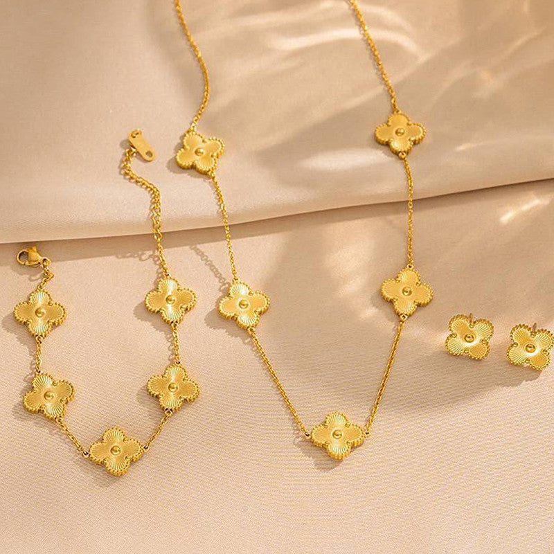 Jewels Galaxy Stainless Steel Gold Plated Set Of Gold Anti Tarnish Clover Jewellery Set