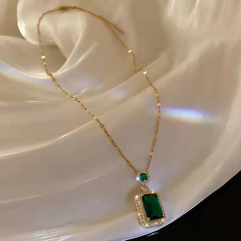 Jewels Galaxy Gold Plated Green CZ Stone Roman Numerals Pendant Necklace
