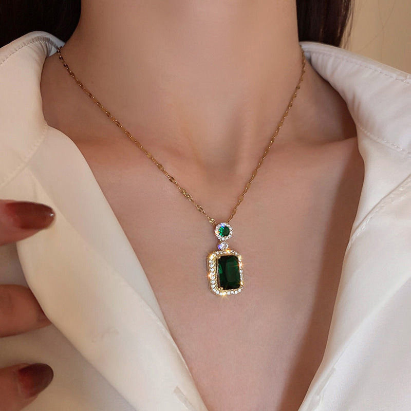 Jewels Galaxy Gold Plated Green CZ Stone Roman Numerals Pendant Necklace