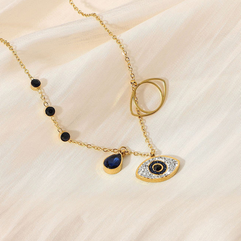 Jewels Galaxy Stainless Steel American Diamond Studded Evil Eye Anti-Tarnish Pendant Necklace