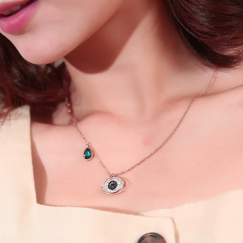 Jewels Galaxy Stainless Steel American Diamond Studded Evil Eye Anti-Tarnish Pendant Necklace