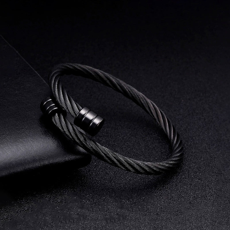 Jewels Galaxy Black Silver Plated Stainless Steel Anti Tarnish Rope Design Cuff Bracelet For Men